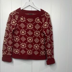 American Eagle Womens Sweater M Red/Cream Fair Isle Pullover 100% Lambs Wool EUC